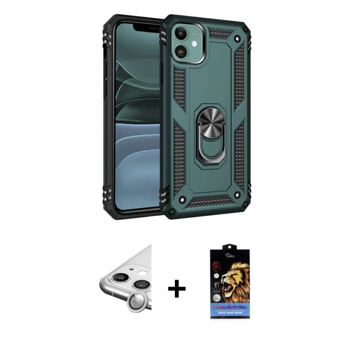 MARSİLYAN™- iPhone 11 Kılıf Ahenk Klasik Koleksiyonu - Siyah Buffer Hayalet Cam Ekran Koruyucu + Raze Metal Kamera Lens - GS