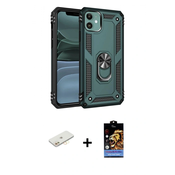 MARSİLYAN™- iPhone 11 Kılıf Ahenk Klasik Koleksiyonu - Siyah Buffer Hayalet Cam Ekran Koruyucu + Renkli Kamera Lens Koruma Cam - SI