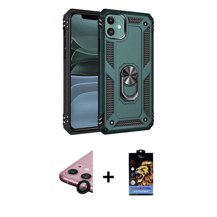 MARSİLYAN™- iPhone 11 Kılıf Ahenk Klasik Koleksiyonu - Siyah Buffer Hayalet Cam Ekran Koruyucu + Raze Metal Kamera Lens - SH