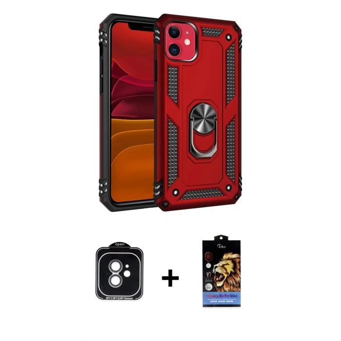 MARSİLYAN™- iPhone 11 Kılıf Ahenk Klasik Koleksiyonu - Siyah Buffer Hayalet Cam Ekran Koruyucu + Yeşil PVD Metal Kamera Lens