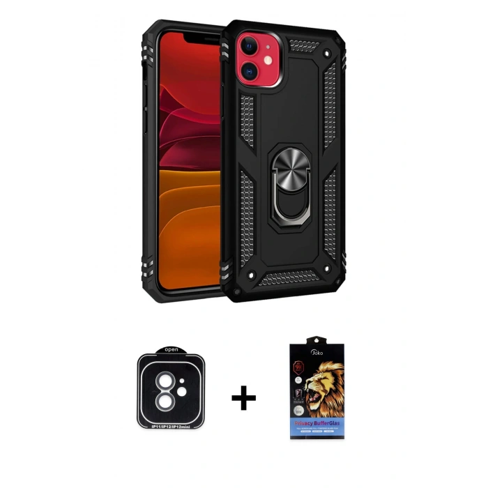 MARSİLYAN™- iPhone 11 Kılıf Ahenk Klasik Koleksiyonu - Siyah Buffer Hayalet Cam Ekran Koruyucu + Yeşil PVD Metal Kamera Lens