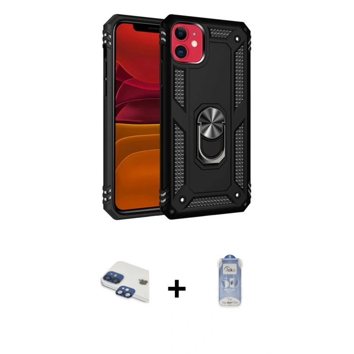 MARSİLYAN™- iPhone 11 Kılıf Ahenk Klasik Koleksiyonu - Siyah Joko Magic 5D Cam + Pers Alüminyum Kamera Lens - LT