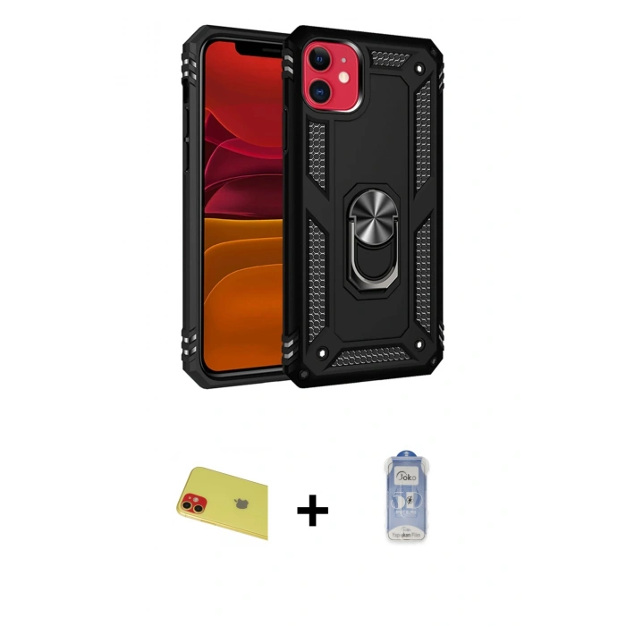 MARSİLYAN™- iPhone 11 Kılıf Ahenk Klasik Koleksiyonu - Siyah Joko Magic 5D Cam + Rainbow Kamera Lens Koruma Cam - KI