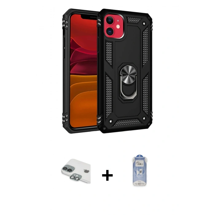 MARSİLYAN™- iPhone 11 Kılıf Ahenk Klasik Koleksiyonu - Siyah Joko Magic 5D Cam + Pers Alüminyum Kamera Lens - YL