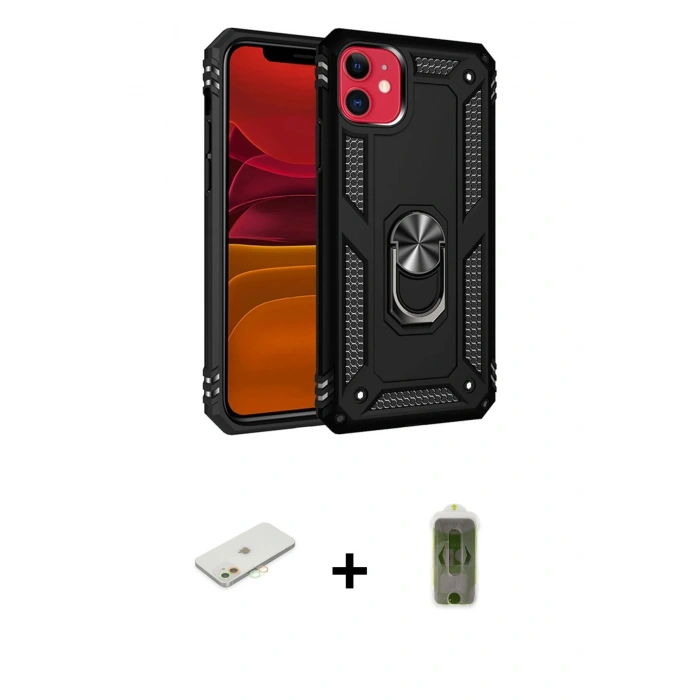 MARSİLYAN™- iPhone 11 Kılıf Ahenk Klasik Koleksiyonu - Siyah Joko Magic 5D Hayalet Cam + Renkli Kamera Lens Koruma Cam - TU