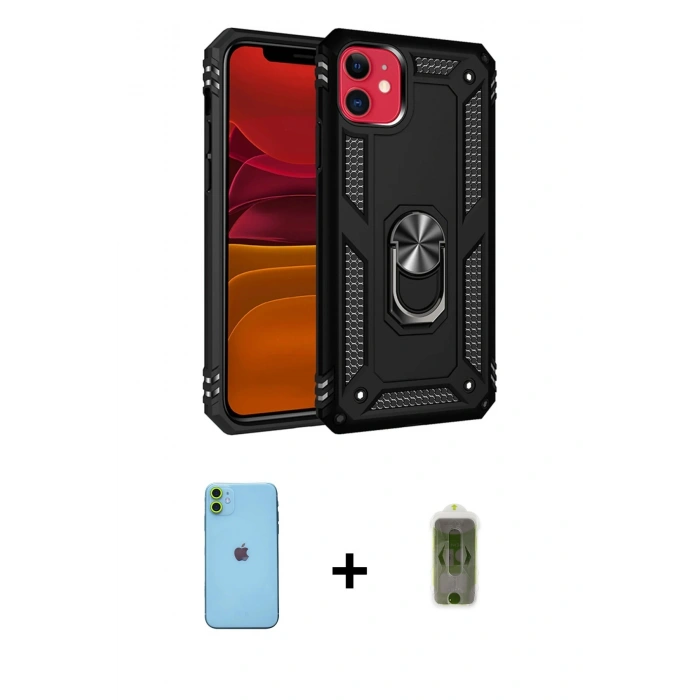 MARSİLYAN™- iPhone 11 Kılıf Ahenk Klasik Koleksiyonu - Siyah Joko Magic 5D Hayalet Cam + Neon Fosforlu Kamera Lens - YL