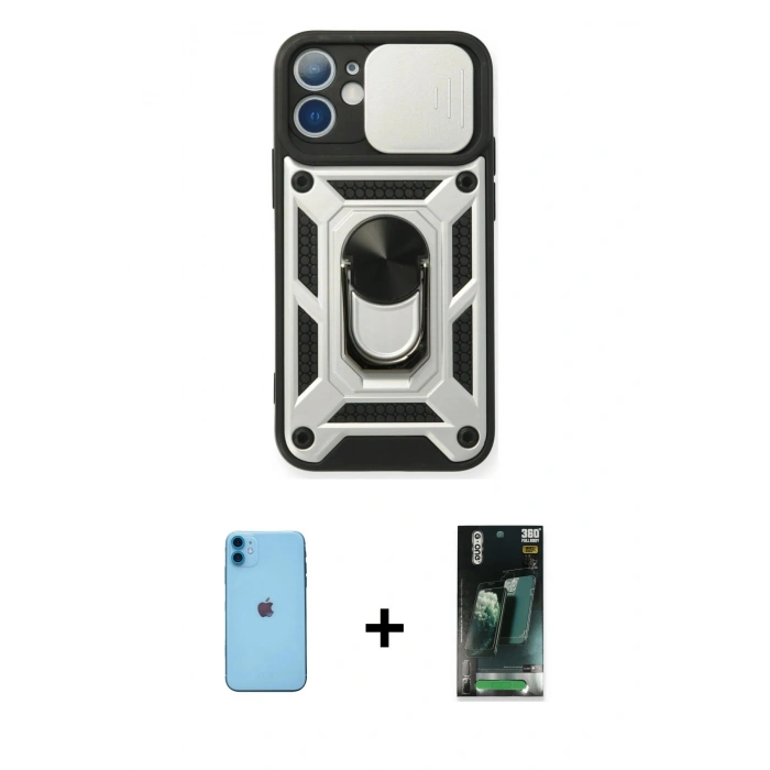 MARSİLYAN™- iPhone 11 Kılıf Ahenk Klasik - Şeffaf 360 Full Body Arka Koruyucu + Neon Fosforlu Kamera Lens - MI