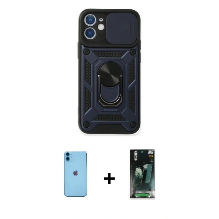 MARSİLYAN™- iPhone 11 Kılıf Ahenk Klasik - Şeffaf 360 Full Body Arka Koruyucu + Neon Fosforlu Kamera Lens - MI
