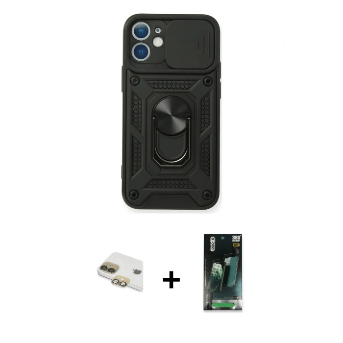 MARSİLYAN™- iPhone 11 Kılıf Ahenk Klasik - Şeffaf 360 Full Body Arka Koruyucu + Pers Alüminyum Kamera Lens - GD