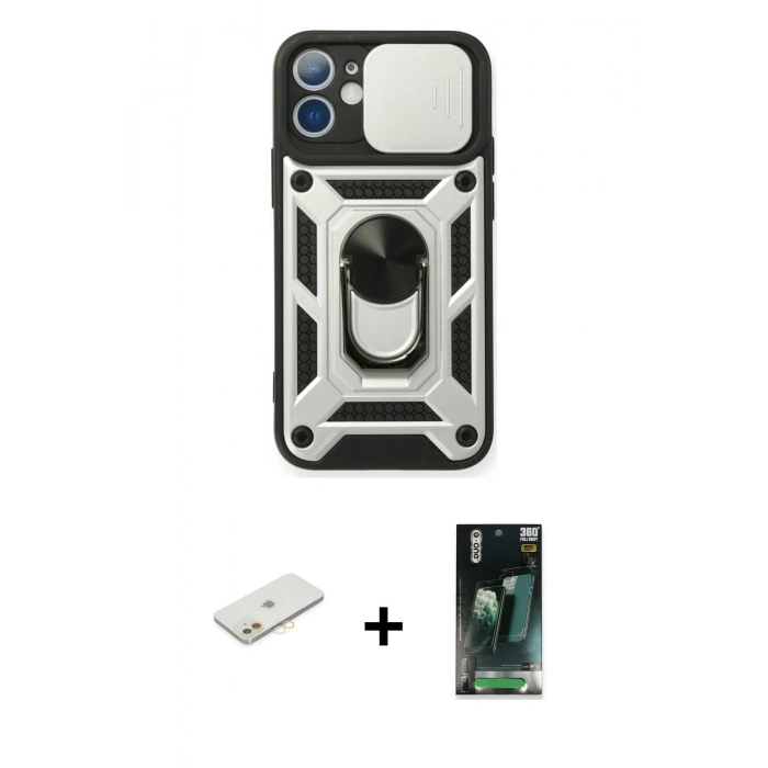 MARSİLYAN™- iPhone 11 Kılıf Ahenk Klasik - Şeffaf 360 Full Body Arka Koruyucu + Renkli Kamera Lens Koruma Cam - TU