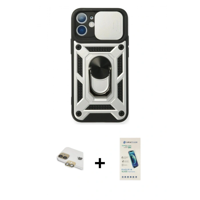 MARSİLYAN™- iPhone 11 Kılıf Ahenk Klasik - Şeffaf Pasifik Cam Ekran Koruyucu + Pers Alüminyum Kamera Lens - GD
