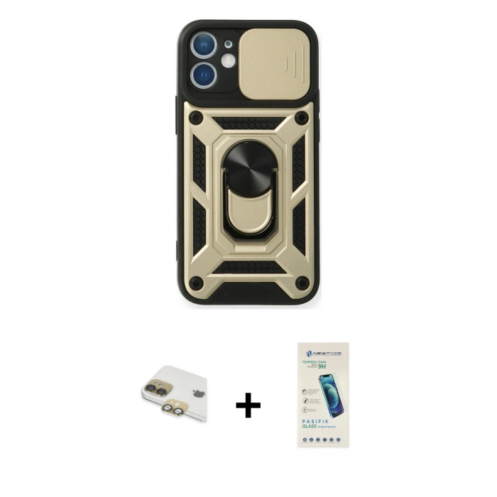 MARSİLYAN™- iPhone 11 Kılıf Ahenk Klasik - Şeffaf Pasifik Cam Ekran Koruyucu + Pers Alüminyum Kamera Lens - GD
