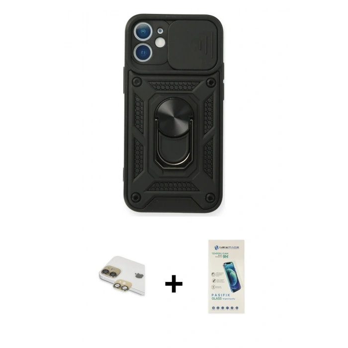MARSİLYAN™- iPhone 11 Kılıf Ahenk Klasik - Şeffaf Pasifik Cam Ekran Koruyucu + Pers Alüminyum Kamera Lens - GD