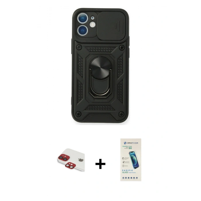 MARSİLYAN™- iPhone 11 Kılıf Ahenk Klasik - Şeffaf Pasifik Cam Ekran Koruyucu + Pers Alüminyum Kamera Lens - KI