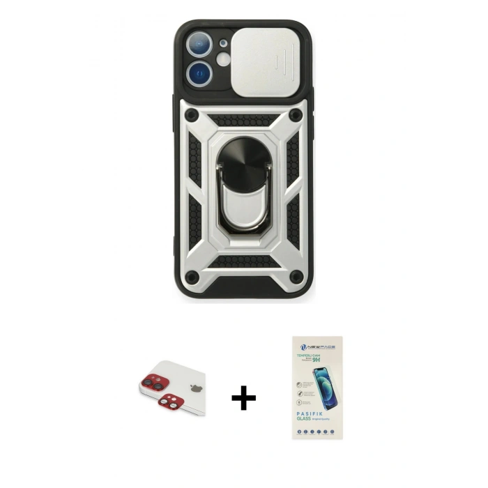 MARSİLYAN™- iPhone 11 Kılıf Ahenk Klasik - Şeffaf Pasifik Cam Ekran Koruyucu + Pers Alüminyum Kamera Lens - KI