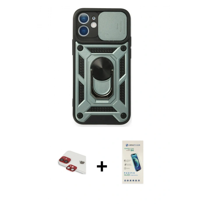 MARSİLYAN™- iPhone 11 Kılıf Ahenk Klasik - Şeffaf Pasifik Cam Ekran Koruyucu + Pers Alüminyum Kamera Lens - KI