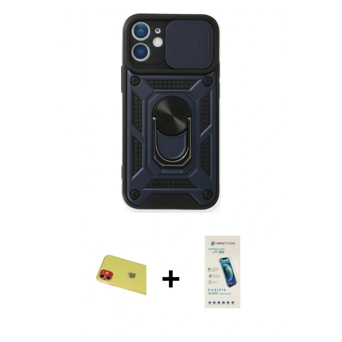 MARSİLYAN™- iPhone 11 Kılıf Ahenk Klasik - Şeffaf Pasifik Cam Ekran Koruyucu + Rainbow Kamera Lens Koruma Cam - KI