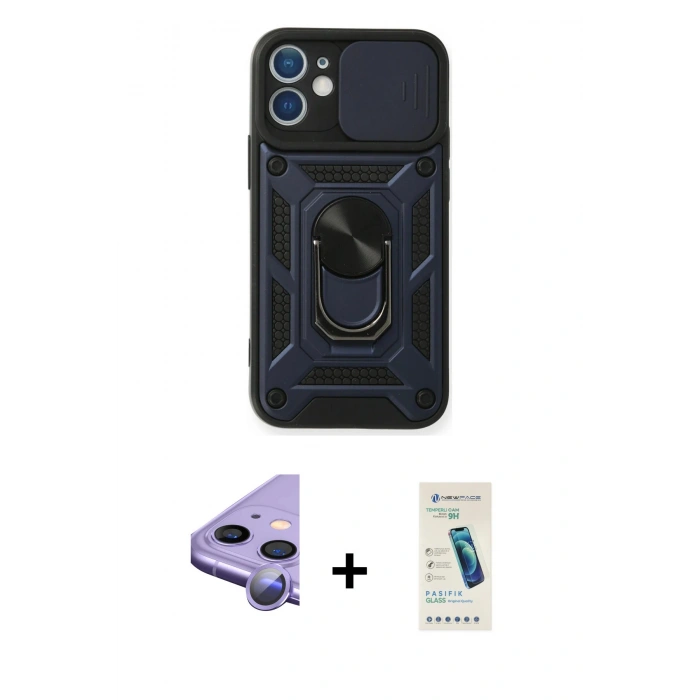 MARSİLYAN™- iPhone 11 Kılıf Ahenk Klasik - Şeffaf Pasifik Cam Ekran Koruyucu + Raze Metal Kamera Lens - MR