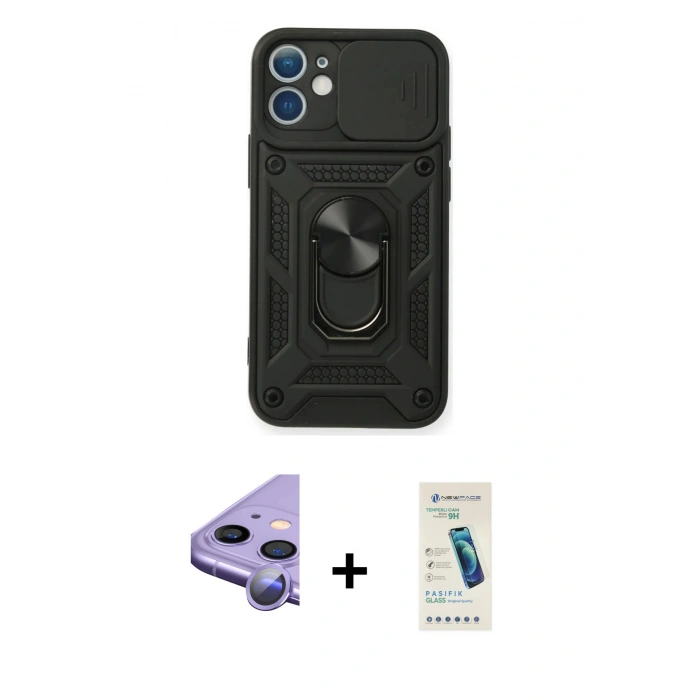 MARSİLYAN™- iPhone 11 Kılıf Ahenk Klasik - Şeffaf Pasifik Cam Ekran Koruyucu + Raze Metal Kamera Lens - MR