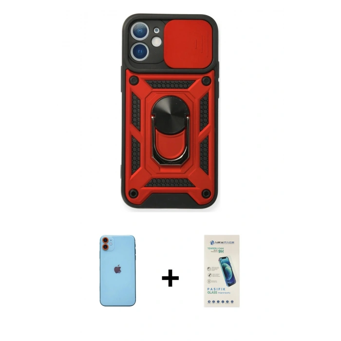 MARSİLYAN™- iPhone 11 Kılıf Ahenk Klasik - Şeffaf Pasifik Cam Ekran Koruyucu + Neon Fosforlu Kamera Lens - TU
