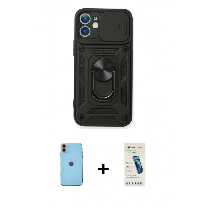 MARSİLYAN™- iPhone 11 Kılıf Ahenk Klasik - Şeffaf Pasifik Cam Ekran Koruyucu + Neon Fosforlu Kamera Lens - TU