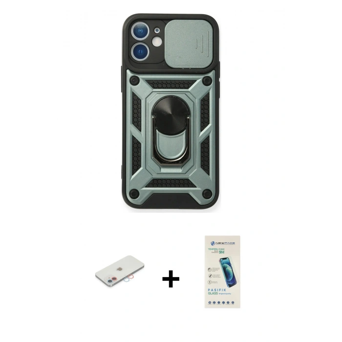 MARSİLYAN™- iPhone 11 Kılıf Ahenk Klasik - Şeffaf Pasifik Cam Ekran Koruyucu + Renkli Kamera Lens Koruma Cam - PE