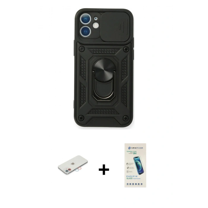 MARSİLYAN™- iPhone 11 Kılıf Ahenk Klasik - Şeffaf Pasifik Cam Ekran Koruyucu + Renkli Kamera Lens Koruma Cam - PE