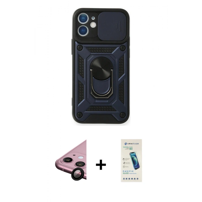 MARSİLYAN™- iPhone 11 Kılıf Ahenk Klasik - Şeffaf Pasifik Cam Ekran Koruyucu + Raze Metal Kamera Lens - SH