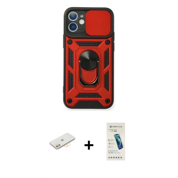 MARSİLYAN™- iPhone 11 Kılıf Ahenk Klasik - Şeffaf Pasifik Cam Ekran Koruyucu + Renkli Kamera Lens Koruma Cam - SI