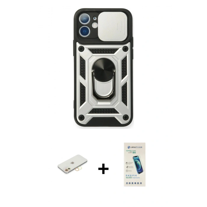 MARSİLYAN™- iPhone 11 Kılıf Ahenk Klasik - Şeffaf Pasifik Cam Ekran Koruyucu + Renkli Kamera Lens Koruma Cam - SI