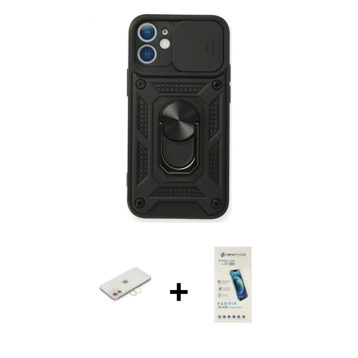 MARSİLYAN™- iPhone 11 Kılıf Ahenk Klasik - Şeffaf Pasifik Cam Ekran Koruyucu + Renkli Kamera Lens Koruma Cam - SI