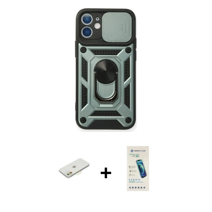 MARSİLYAN™- iPhone 11 Kılıf Ahenk Klasik - Şeffaf Pasifik Cam Ekran Koruyucu + Renkli Kamera Lens Koruma Cam - TU
