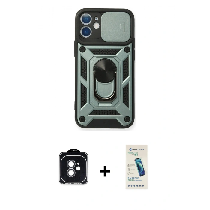 MARSİLYAN™- iPhone 11 Kılıf Ahenk Klasik - Şeffaf Pasifik Cam Ekran Koruyucu + PVD Metal Kamera Lens - SH