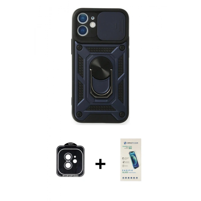 MARSİLYAN™- iPhone 11 Kılıf Ahenk Klasik - Şeffaf Pasifik Cam Ekran Koruyucu + PVD Metal Kamera Lens - SH