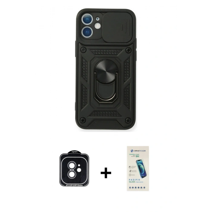 MARSİLYAN™- iPhone 11 Kılıf Ahenk Klasik - Şeffaf Pasifik Cam Ekran Koruyucu + PVD Metal Kamera Lens - SH
