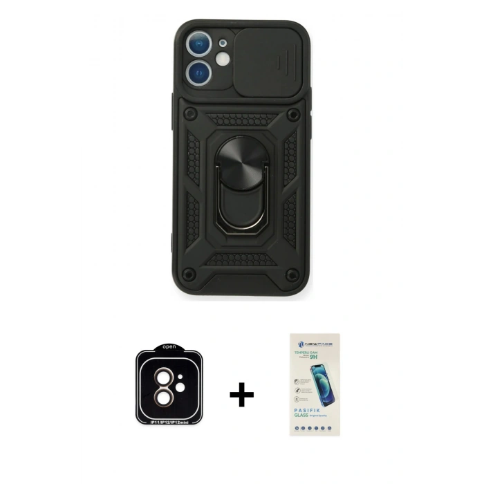 MARSİLYAN™- iPhone 11 Kılıf Ahenk Klasik - Şeffaf Pasifik Cam Ekran Koruyucu + PVD Metal Kamera Lens - TU