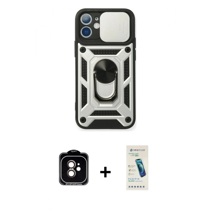 MARSİLYAN™- iPhone 11 Kılıf Ahenk Klasik - Şeffaf Pasifik Cam Ekran Koruyucu + PVD Metal Kamera Lens - TU