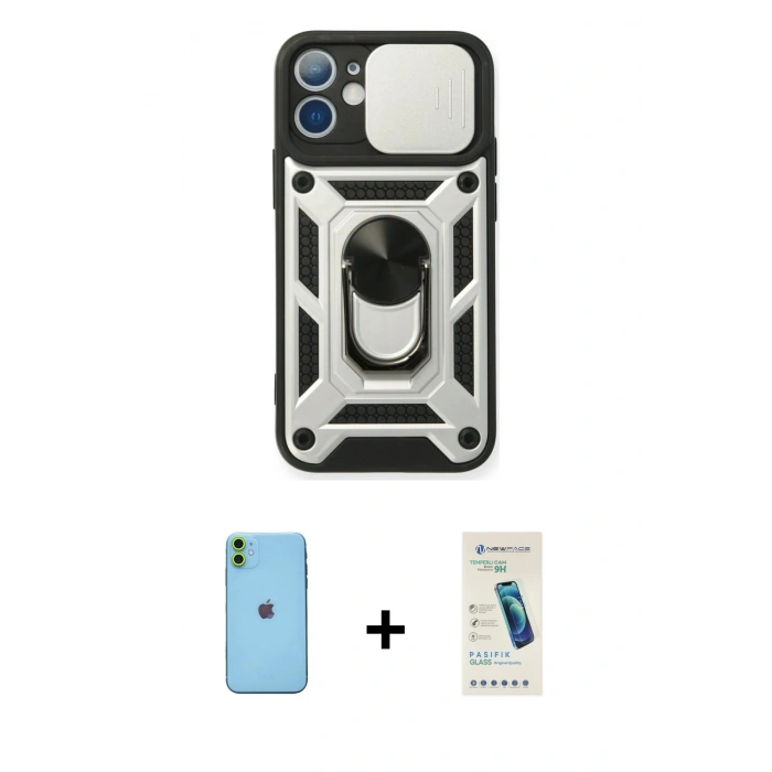 MARSİLYAN™- iPhone 11 Kılıf Ahenk Klasik - Şeffaf Pasifik Cam Ekran Koruyucu + Neon Fosforlu Kamera Lens - YL