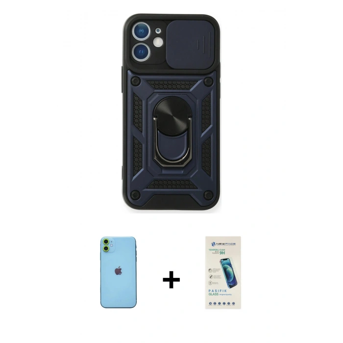 MARSİLYAN™- iPhone 11 Kılıf Ahenk Klasik - Şeffaf Pasifik Cam Ekran Koruyucu + Neon Fosforlu Kamera Lens - YL