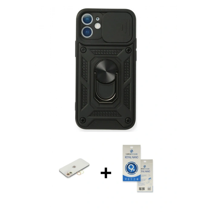 MARSİLYAN™- iPhone 11 Kılıf Ahenk Klasik - Şeffaf Royal Nano Ekran Koruyucu + Renkli Kamera Lens Koruma Cam - SI