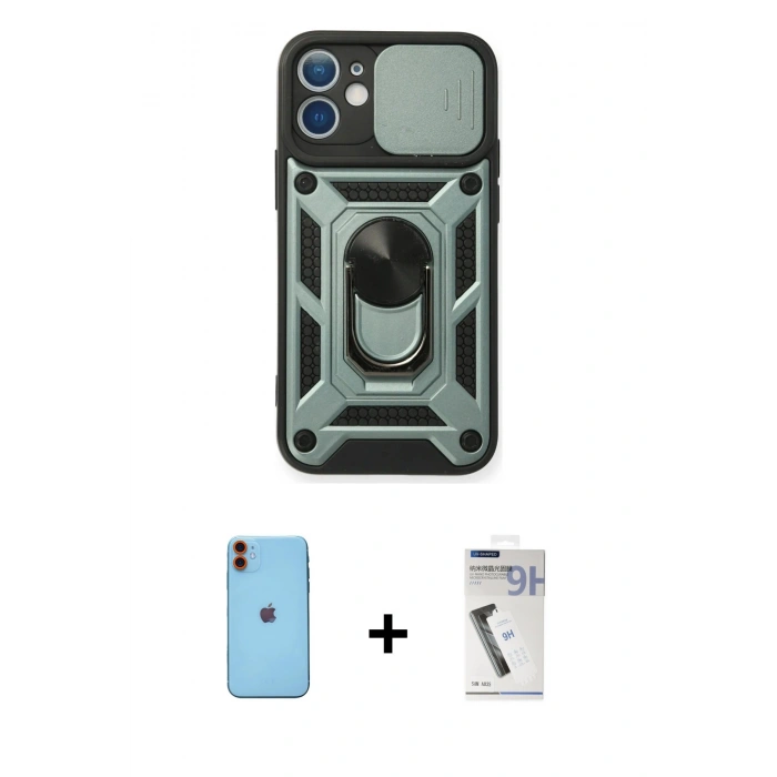 MARSİLYAN™- iPhone 11 Kılıf Ahenk Klasik - Şeffaf Uv Polymer Nano Ekran Koruyucu + Neon Fosforlu Kamera Lens - TU