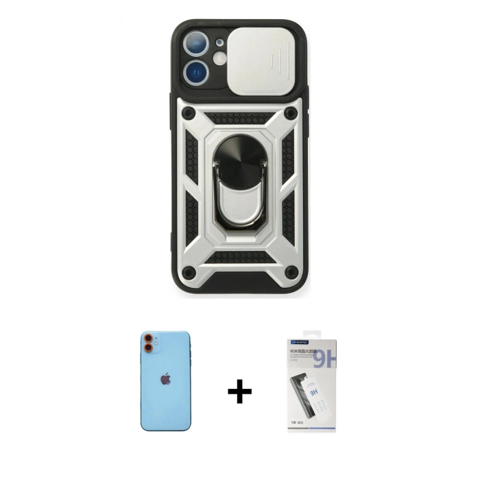 MARSİLYAN™- iPhone 11 Kılıf Ahenk Klasik - Şeffaf Uv Polymer Nano Ekran Koruyucu + Neon Fosforlu Kamera Lens - TU