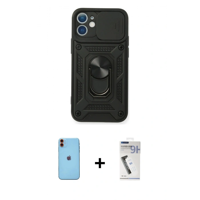 MARSİLYAN™- iPhone 11 Kılıf Ahenk Klasik - Şeffaf Uv Polymer Nano Ekran Koruyucu + Neon Fosforlu Kamera Lens - TU