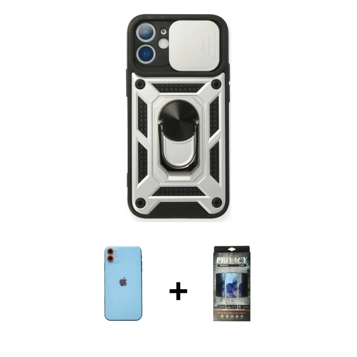 MARSİLYAN™- iPhone 11 Kılıf Ahenk Klasik - Siyah 34D Hayalet Izgaralı Cam + Neon Fosforlu Kamera Lens - TU