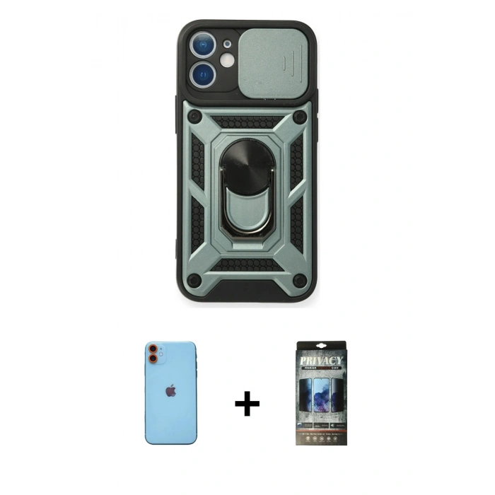 MARSİLYAN™- iPhone 11 Kılıf Ahenk Klasik - Siyah 34D Hayalet Izgaralı Cam + Neon Fosforlu Kamera Lens - TU
