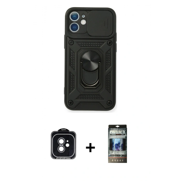 MARSİLYAN™- iPhone 11 Kılıf Ahenk Klasik - Siyah 34D Hayalet Izgaralı Cam + PVD Metal Kamera Lens - SH