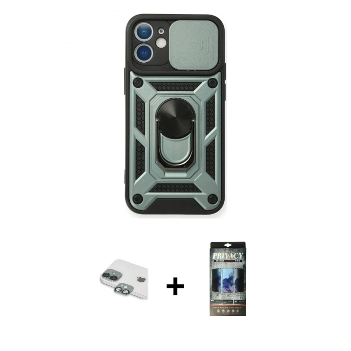 MARSİLYAN™- iPhone 11 Kılıf Ahenk Klasik - Siyah 34D Hayalet Izgaralı Cam + Pers Alüminyum Kamera Lens - YL
