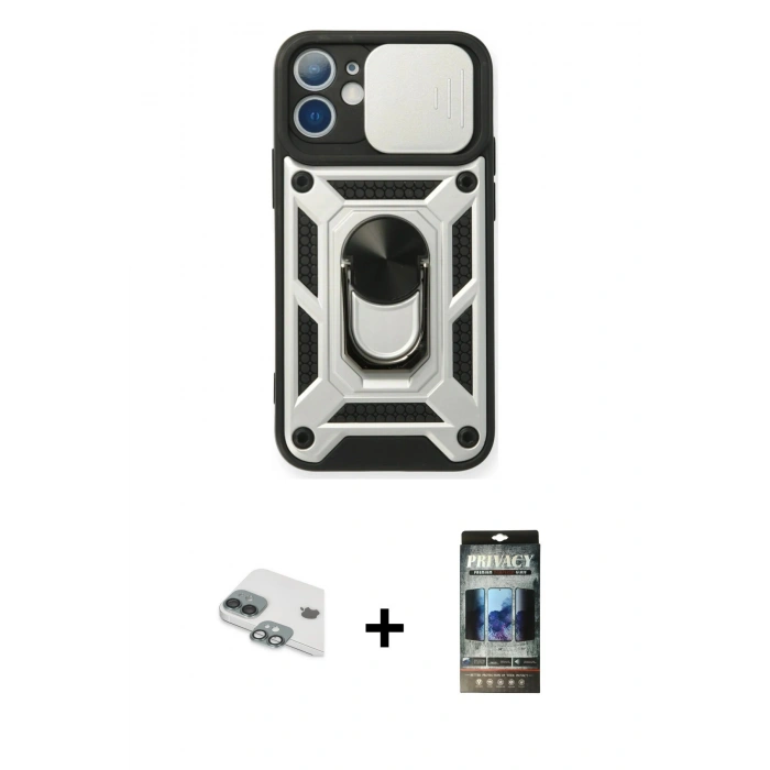 MARSİLYAN™- iPhone 11 Kılıf Ahenk Klasik - Siyah 34D Hayalet Izgaralı Cam + Pers Alüminyum Kamera Lens - YL