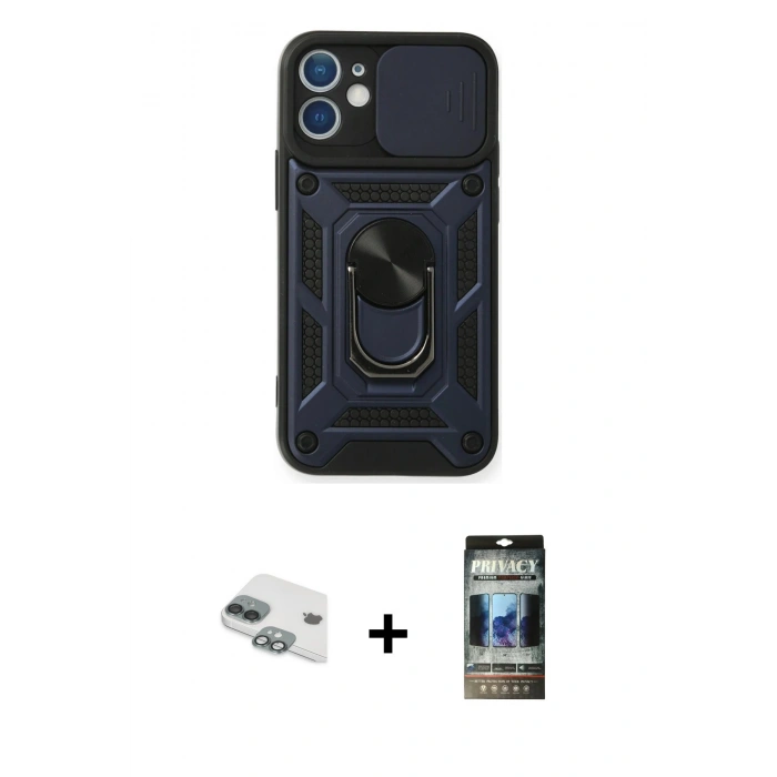 MARSİLYAN™- iPhone 11 Kılıf Ahenk Klasik - Siyah 34D Hayalet Izgaralı Cam + Pers Alüminyum Kamera Lens - YL