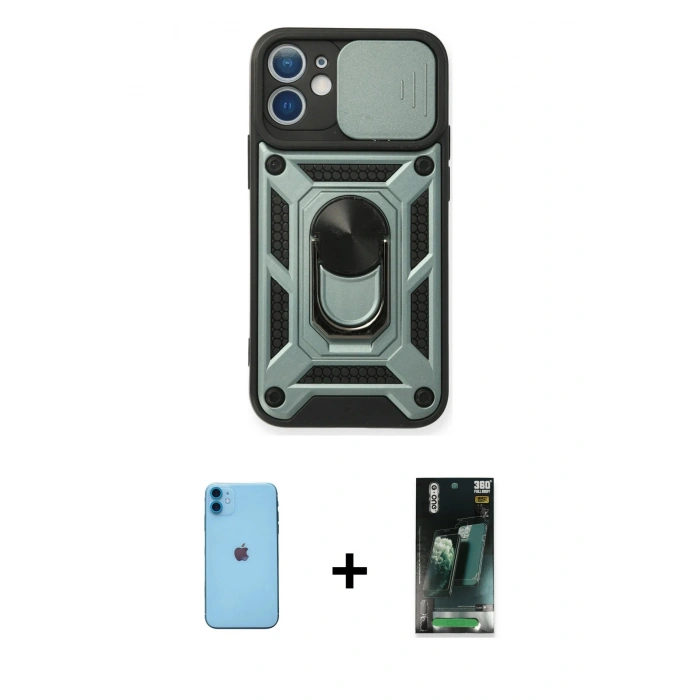MARSİLYAN™- iPhone 11 Kılıf Ahenk Klasik - Siyah 360 Mat Full Body Arka Koruyucu + Neon Fosforlu Kamera Lens - MI